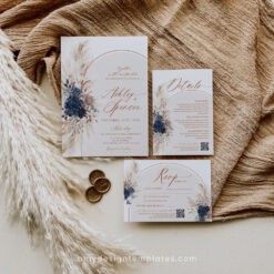 Navy Blue Wedding Invitation Template Boho Wedding Invitation Suite Navy Blue Wedding Invite Set Pampas Bohemian Arched E059