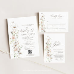 Wildflower Wedding Invitation Suite Template, Elegant Wedding Invite Set QR Code, Minimalist Modern Wedding Invitations Set Printables E060