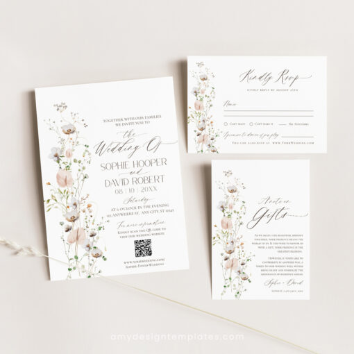 Wildflower Wedding Invitation Suite Template, Elegant Wedding Invite Set QR Code, Minimalist Modern Wedding Invitations Set Printables E060