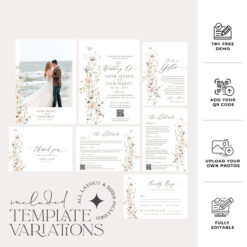 Wildflower Wedding Invitation Suite Template, Elegant Wedding Invite Set QR Code, Minimalist Modern Wedding Invitations Set Printables E060