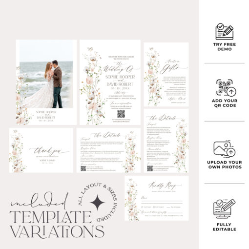 Wildflower Wedding Invitation Suite Template, Elegant Wedding Invite Set QR Code, Minimalist Modern Wedding Invitations Set Printables E060