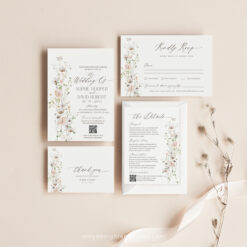 Wildflower Wedding Invitation Suite Template, Elegant Wedding Invite Set QR Code, Minimalist Modern Wedding Invitations Set Printables E060