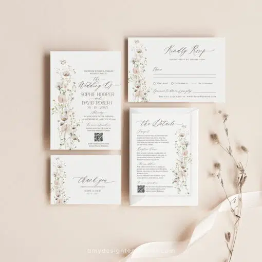 Wildflower Wedding Invitation Suite Template, Elegant Wedding Invite Set QR Code, Minimalist Modern Wedding Invitations Set Printables E060