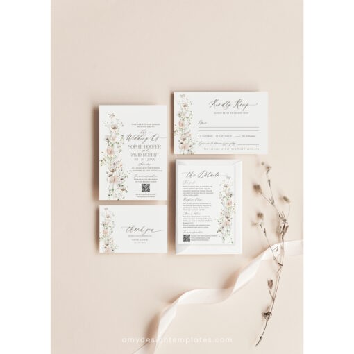 Wildflower Wedding Invitation Suite Template, Elegant Wedding Invite Set QR Code, Minimalist Modern Wedding Invitations Set Printables E060