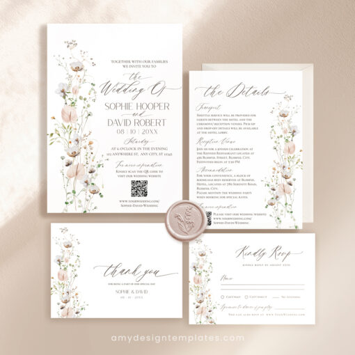 Wildflower Wedding Invitation Suite Template, Elegant Wedding Invite Set QR Code, Minimalist Modern Wedding Invitations Set Printables E060