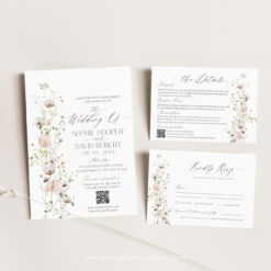 Wildflower Wedding Invitation Suite Template, Elegant Wedding Invite Set QR Code, Minimalist Modern Wedding Invitations Set Printables E060