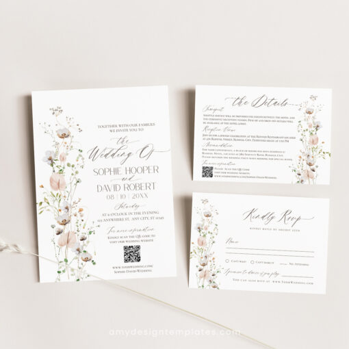 Wildflower Wedding Invitation Suite Template, Elegant Wedding Invite Set QR Code, Minimalist Modern Wedding Invitations Set Printables E060