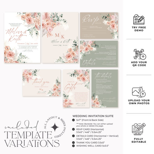 Floral Wedding Invitation Template, Pink Floral Wedding Invite Template