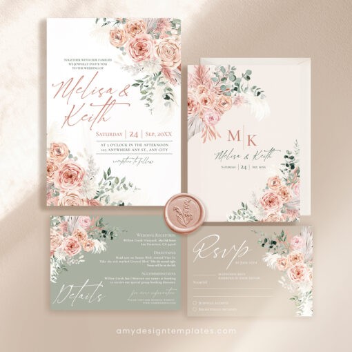 Floral Wedding Invitation Template, Pink Floral Wedding Invite Template