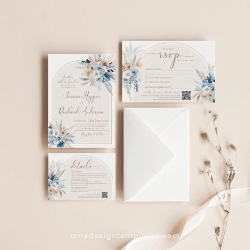 Blue Wedding Invitation Template, Wedding Invitation Sets With Rsvp