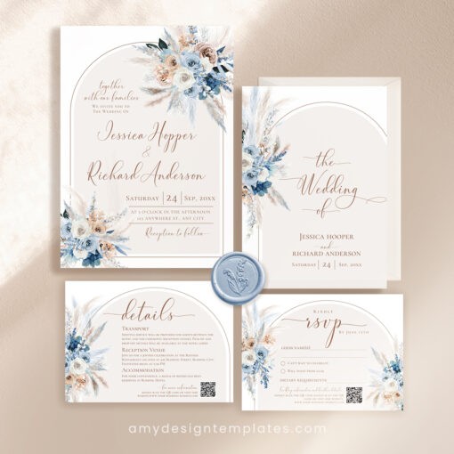 Blue Wedding Invitation Template, Wedding Invitation Sets With Rsvp