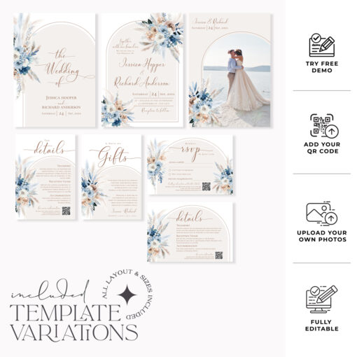 Blue Wedding Invitation Template, Wedding Invitation Sets With Rsvp