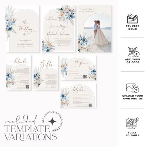 Blue Wedding Invitation Template, Wedding Invitation Sets With Rsvp