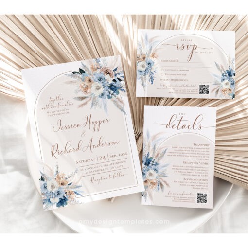 Blue Wedding Invitation Template, Wedding Invitation Sets With Rsvp