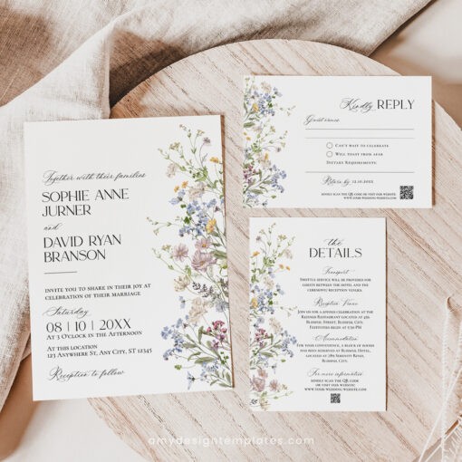 Wildflower Wedding Invitation Suite Template, Botanical Wedding Invite Template Download