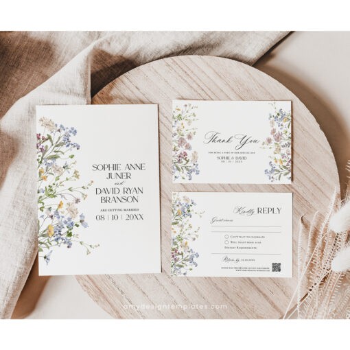 Wildflower Wedding Invitation Suite Template, Botanical Wedding Invite Template Download