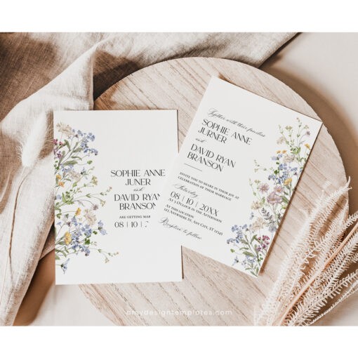 Wildflower Wedding Invitation Suite Template, Botanical Wedding Invite Template Download