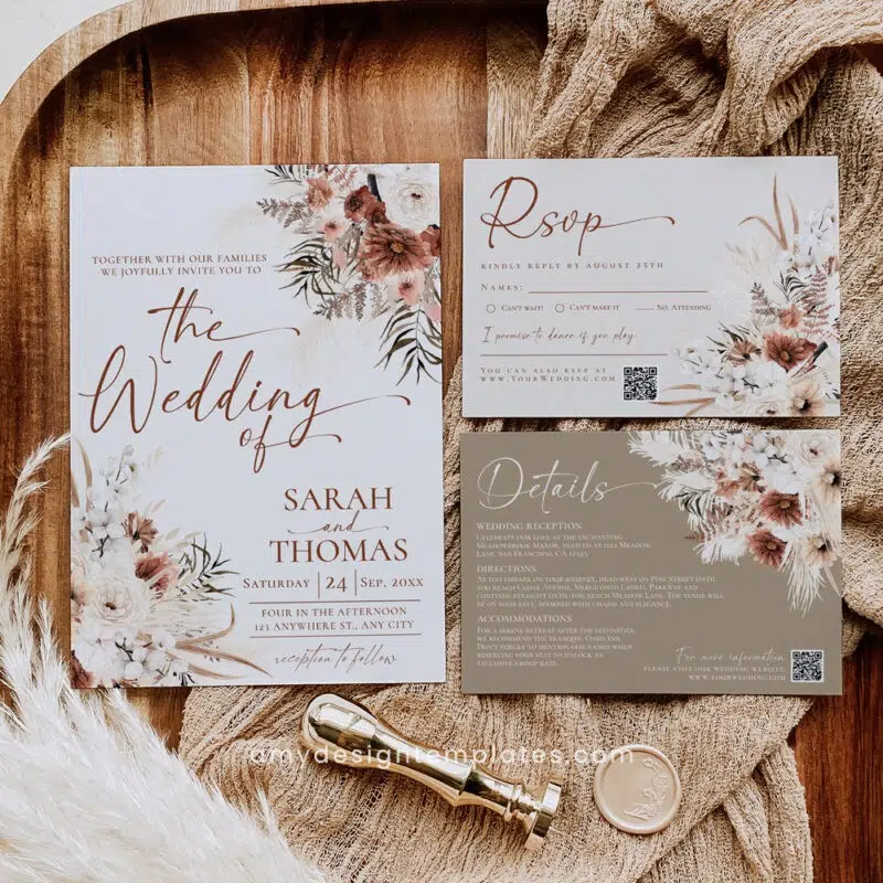 Editable boho terracotta wedding invitation suite with pampas grass, rustic burnt orange and copper floral accents, featuring invitation, RSVP, details, thank-you cards, optional QR code, and DIY printable templates