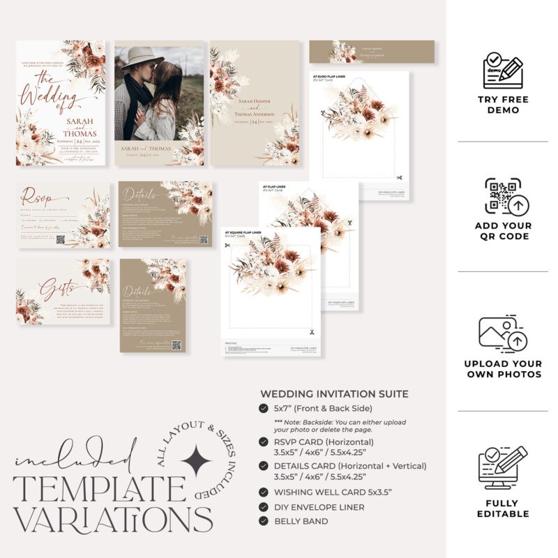 Boho Terracotta Wedding Invitation Suite | Rustic Fall Template