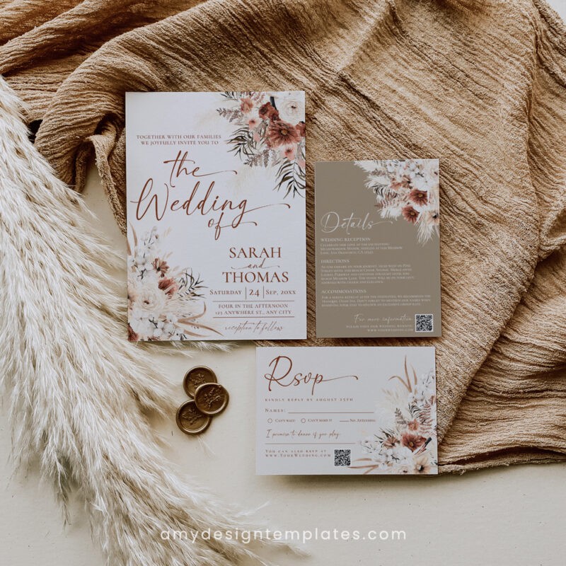 Editable boho terracotta wedding invitation suite with pampas grass, rustic burnt orange and copper floral accents, featuring invitation, RSVP, details, thank-you cards, optional QR code, and DIY printable templates