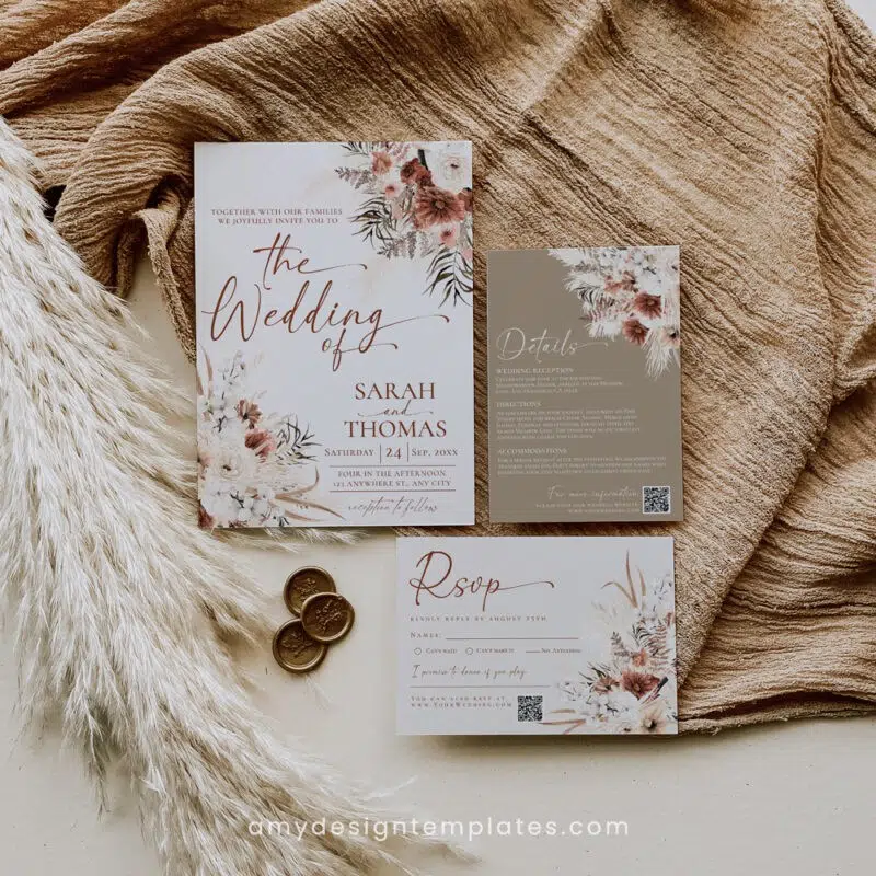 Editable boho terracotta wedding invitation suite with pampas grass, rustic burnt orange and copper floral accents, featuring invitation, RSVP, details, thank-you cards, optional QR code, and DIY printable templates