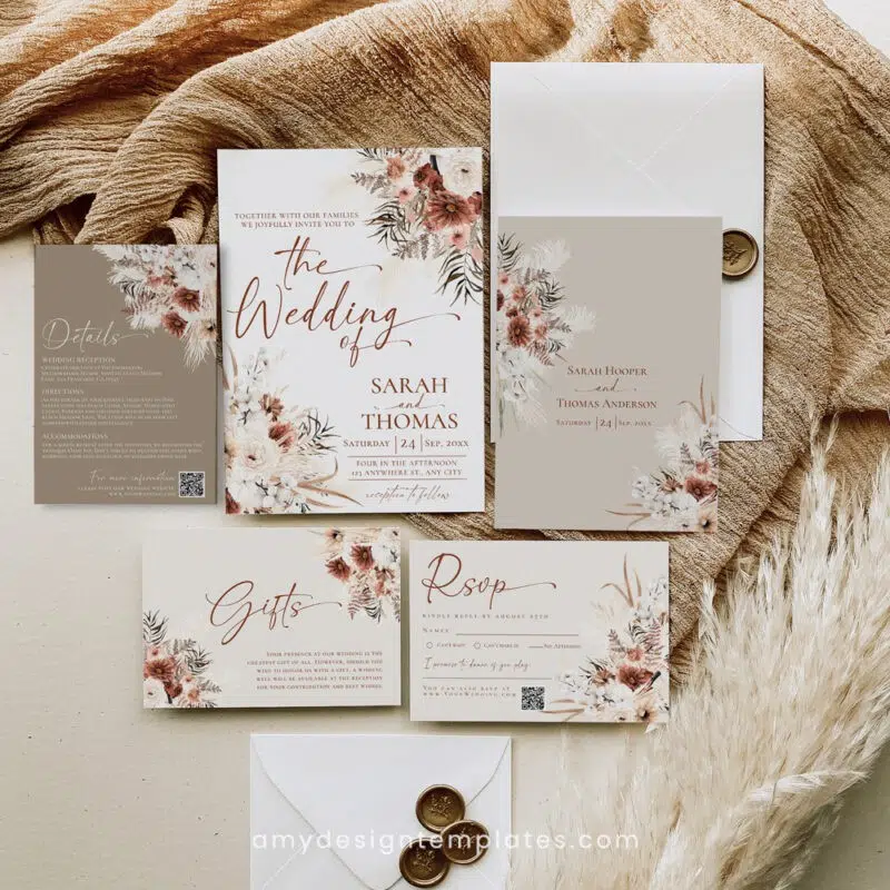 Editable boho terracotta wedding invitation suite with pampas grass, rustic burnt orange and copper floral accents, featuring invitation, RSVP, details, thank-you cards, optional QR code, and DIY printable templates