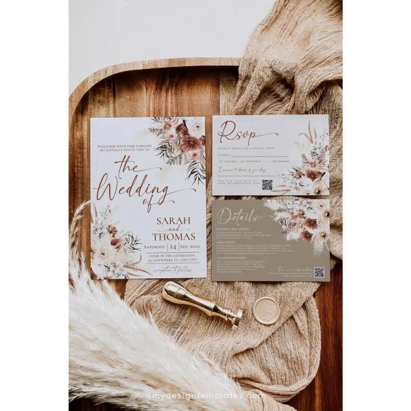 Boho Terracotta Wedding Invitation Suite | Rustic Fall Template