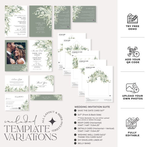 Sage Green Wedding Invitation Suite Template, Greenery Wedding Invite Template Editable