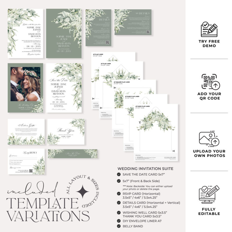 Sage Green Wedding Invitation Template - Greenery Save The Date Cards Sage Green Wedding Invitation Suite Template, Greenery Wedding Invite Template Editable