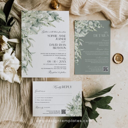 Sage Green Wedding Invitation Suite Template, Greenery Wedding Invite Template Editable