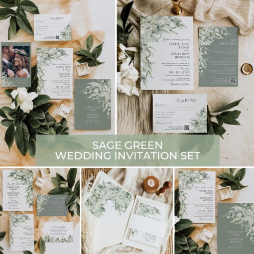 Sage Green Wedding Invitation Suite Template, Greenery Wedding Invite Template Editable