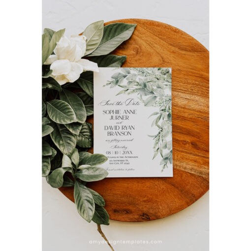 Sage Green Wedding Invitation Suite Template, Greenery Wedding Invite Template Editable