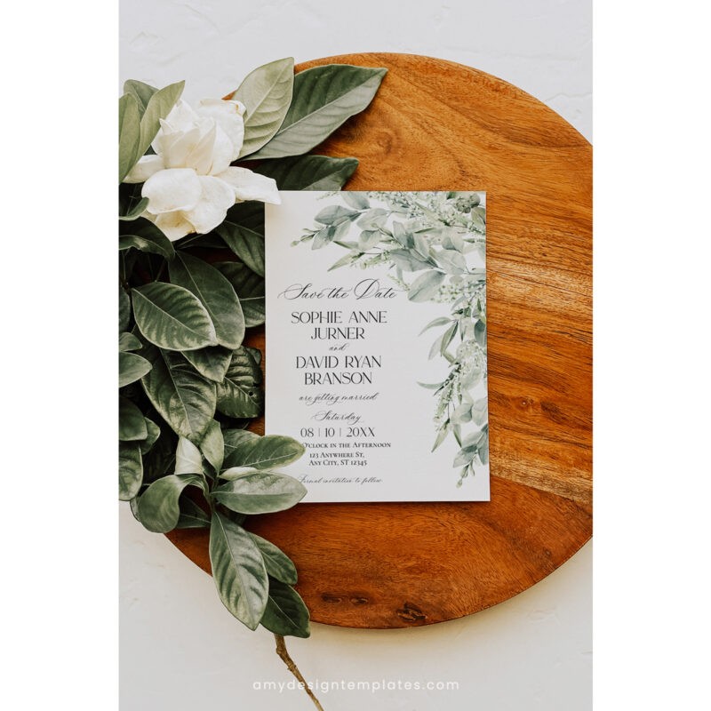 Sage Green Wedding Invitation Template - Greenery Save The Date Cards Sage Green Wedding Invitation Suite Template, Greenery Wedding Invite Template Editable