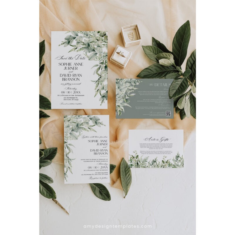Sage Green Wedding Invitation Template - Greenery Save The Date Cards Sage Green Wedding Invitation Suite Template, Greenery Wedding Invite Template Editable