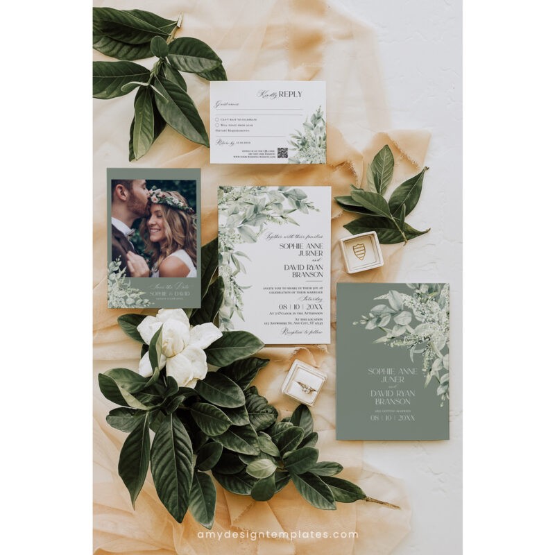 Sage Green Wedding Invitation Template - Greenery Save The Date Cards Sage Green Wedding Invitation Suite Template, Greenery Wedding Invite Template Editable