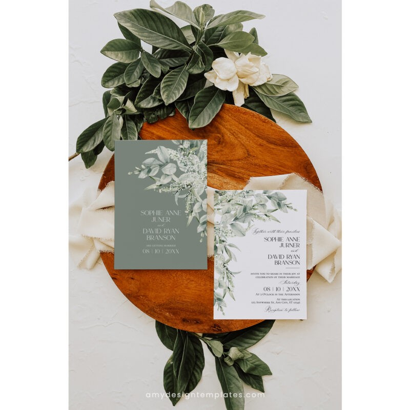 Sage Green Wedding Invitation Template - Greenery Save The Date Cards Sage Green Wedding Invitation Suite Template, Greenery Wedding Invite Template Editable