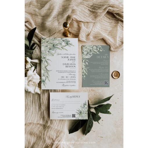 Sage Green Wedding Invitation Suite Template, Greenery Wedding Invite Template Editable