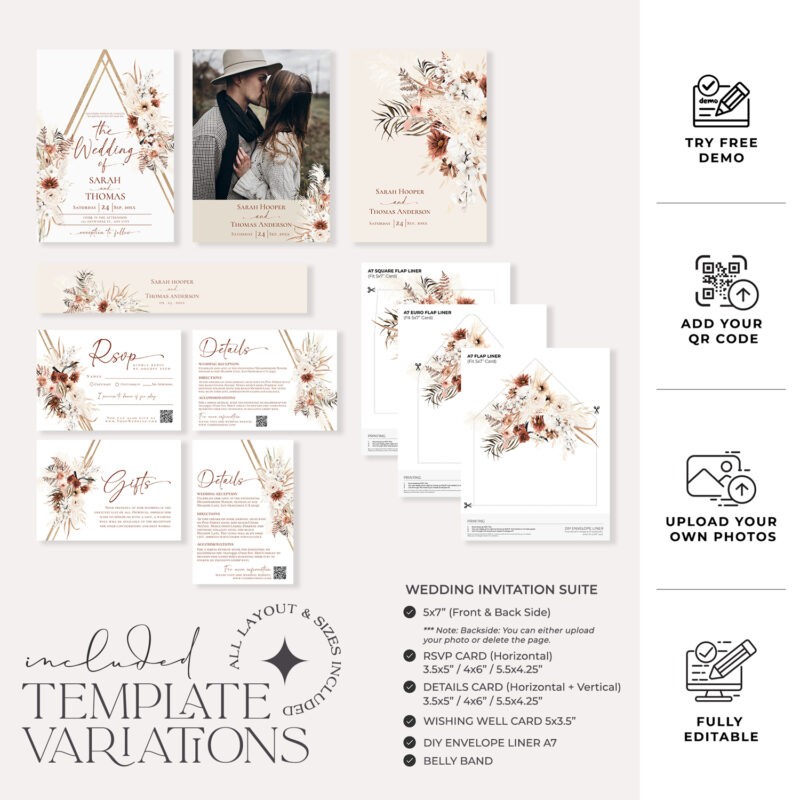 Boho Wedding Invitations Set, Terracotta Wedding Invitation Template Editable Boho Wedding Invitations Set, Terracotta Wedding Invitation Template Editable