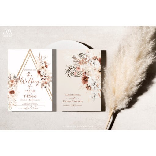 Boho Wedding Invitations Set, Terracotta Wedding Invitation Template Editable