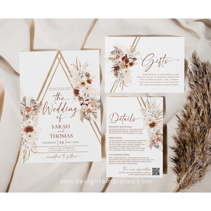 Boho Wedding Invitations Set, Terracotta Wedding Invitation Template Editable Boho Wedding Invitations Set, Terracotta Wedding Invitation Template Editable