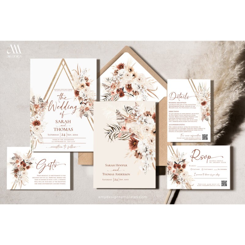 Boho Wedding Invitations Set, Terracotta Wedding Invitation Template Editable Boho Wedding Invitations Set, Terracotta Wedding Invitation Template Editable