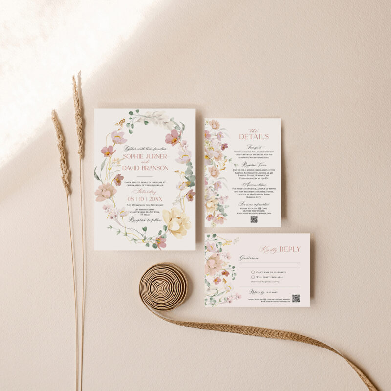 Botanical Wedding Invitation - Blush Pink Floral Save the Date Card E074 Botanical Wedding Invitations Template Editable, Floral Wedding Invitation Template