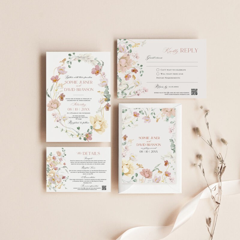 Botanical Wedding Invitation - Blush Pink Floral Save the Date Card E074 Botanical Wedding Invitations Template Editable, Floral Wedding Invitation Template