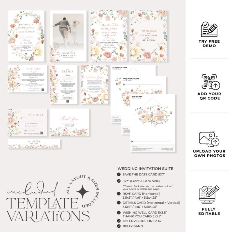Botanical Wedding Invitation - Blush Pink Floral Save the Date Card E074 Botanical Wedding Invitations Template Editable, Floral Wedding Invitation Template