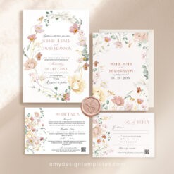 Botanical Wedding Invitations Template Editable, Floral Wedding Invitation Template