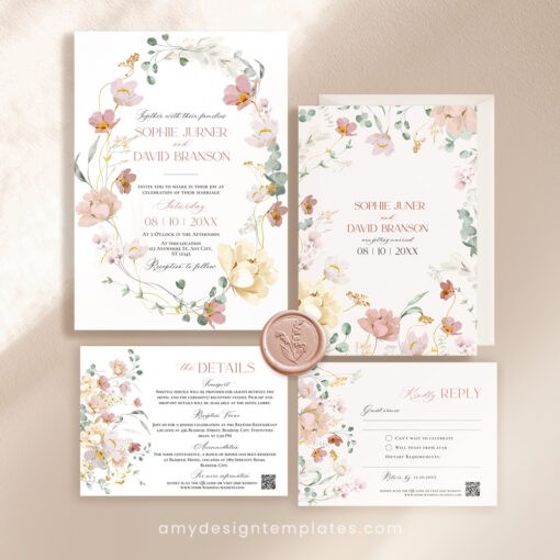 Botanical Wedding Invitations Template Editable, Floral Wedding Invitation Template