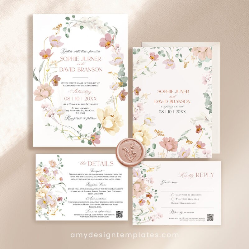 Botanical Wedding Invitation - Blush Pink Floral Save the Date Card E074 Botanical Wedding Invitations Template Editable, Floral Wedding Invitation Template