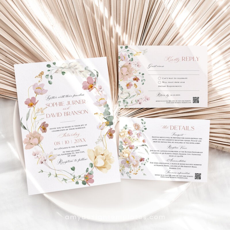 Botanical Wedding Invitation - Blush Pink Floral Save the Date Card E074 Botanical Wedding Invitations Template Editable, Floral Wedding Invitation Template