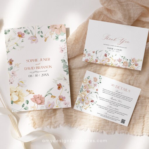 Botanical Wedding Invitations Template Editable, Floral Wedding Invitation Template