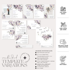 Purple Wedding Invitation Suite Template, QR Code Wedding Invitation Set, Violet Poppy Wedding Invite Save The Date Cards Printable E075